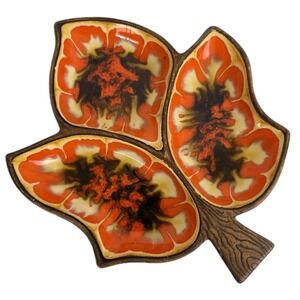 VTG‎ '60s MCM Treasure Craft Ceramic Divided Leaf Dish Orange Brown Drip Glaze